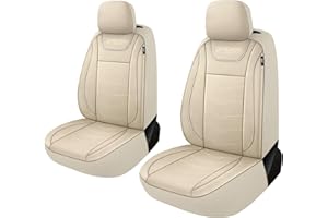 CAROMOP Luxury Leather Car Seat Covers 2 Front Set,Waterproof Faux Leather Automotive Seat Covers for Cars,Universal Car Interior Covers Seat Protectors for Sedans SUVs Pick-up Trucks(Beige/Beige)