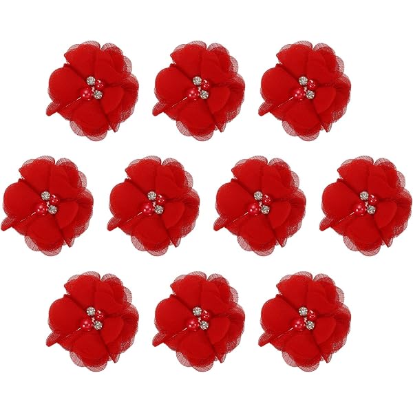 10PC Red Large Chiffon Fabric Flowers With Rhinestones - 3.2 Inch DIY Embellishments For Hair, Crafts, Decor - View #13