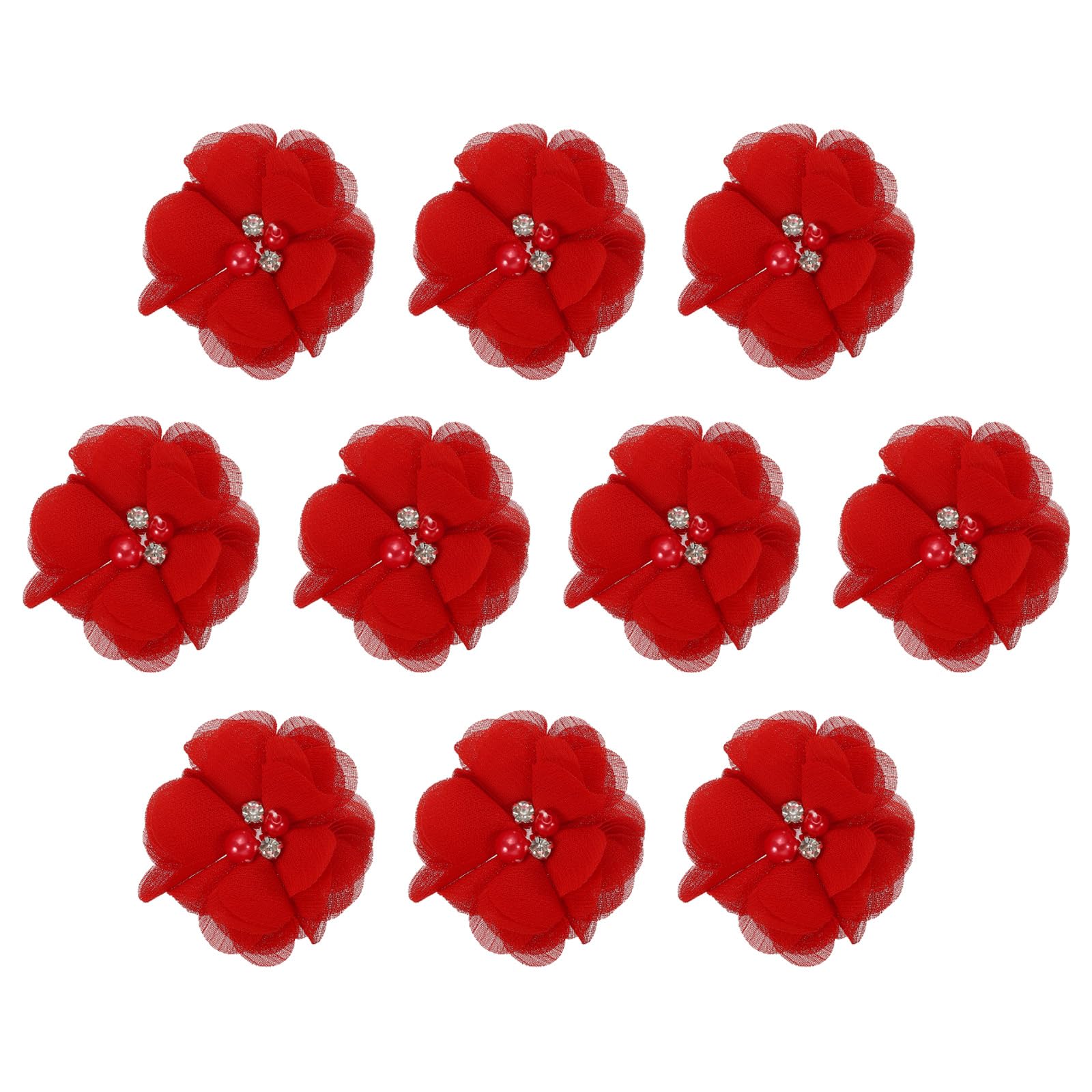 PATIKIL 2" Chiffon Flowers, 10Pcs Fabric Flowers Sewing Appliques Embellishments with Rhinestone Pearl for DIY Crafts Wedding Headbands Party Decoration, Dark Red