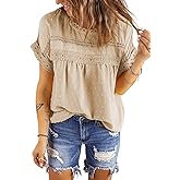 Euaoxnc Womens Summer Tops Crewneck Lace Crochet Short Sleeve Shirts Casual Buttoned-Back Chiffon Blouses