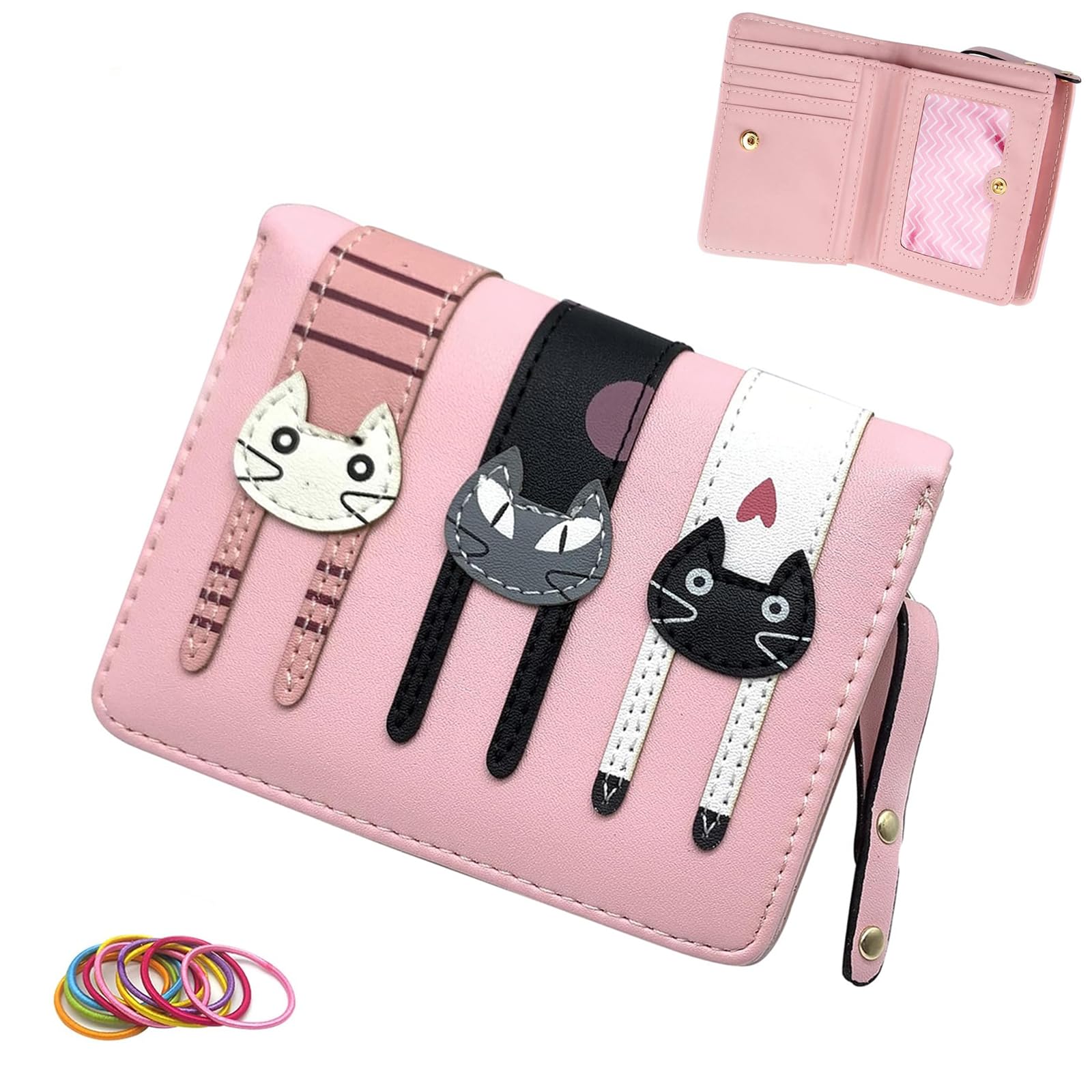 SwirlColor Girls Purses for Teenagers, Cute Cartoon Cat Kids Wallet Small PU Leather Purse for Girls with Zipper Coin Card Stamp Photo Storage - Pink