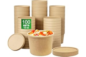 APSIC Disposable Kraft Paper Soup Cups - 100 Sets 12oz Small To Go Soup Bowls with Vented Lids - Hot & Cold Friendly - Take Out Food Storage Containers for Ice Cream, Noodles, Snack, Yogurt