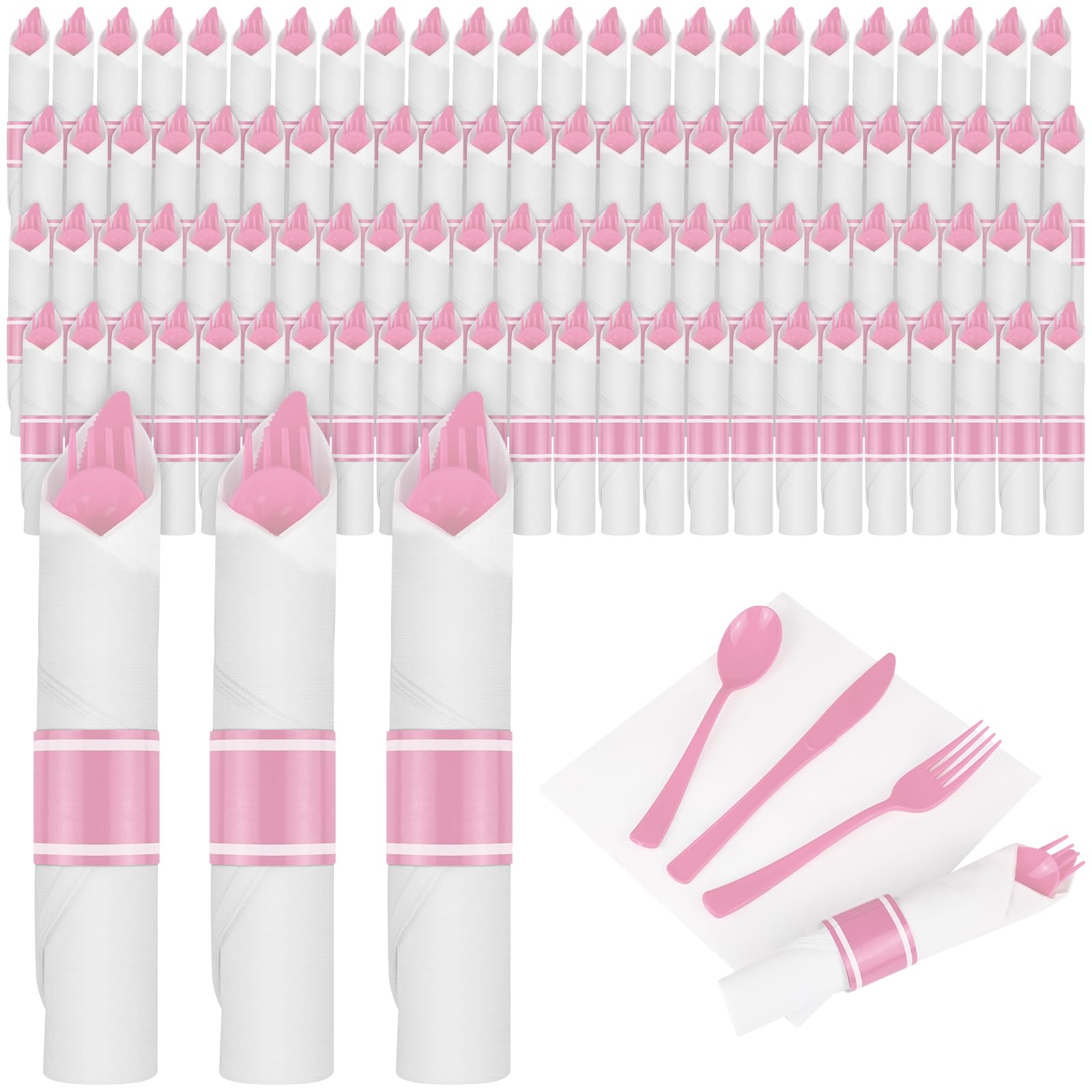 Photo 1 of 100Pack Pink Pre Rolled Plastic Silverware - Wrapped Pink Plastic Cutlery Set Include 100 Forks, 100 Knives, 100 Spoons and 100 Napkins, Heavy Duty Disposable Silverware for Party, Wedding(100, Pink)