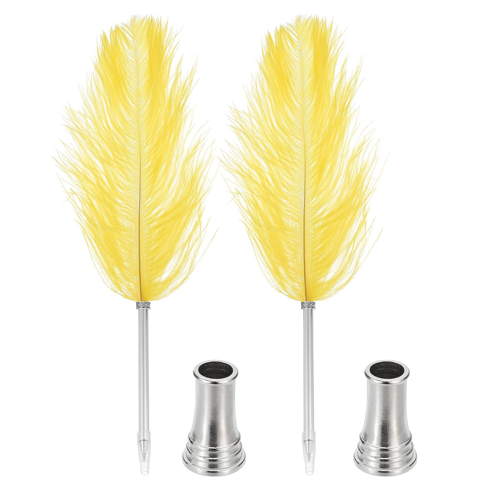 PATIKIL Feather Ballpoint Pen, 2 Pcs 0.5mm Fluffy Vintage Ink Quill Pen Refined Plated Rod Quill Pen with 2 Pcs Stand Holder for Calligraphy Writing Signature Guest Wedding Gift, Yellow