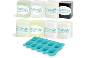 SAPONIFY SOAP MAKING SUPPLIES Saponify - Melt and Pour Soap Base Sampler Kit, Silicone Mold, Aloe, Clear, Coconut Milk, Charcoal, Avocado Butter, Olive Oil, White and Shea Butter, 1Lb Each, Variety Pack 1