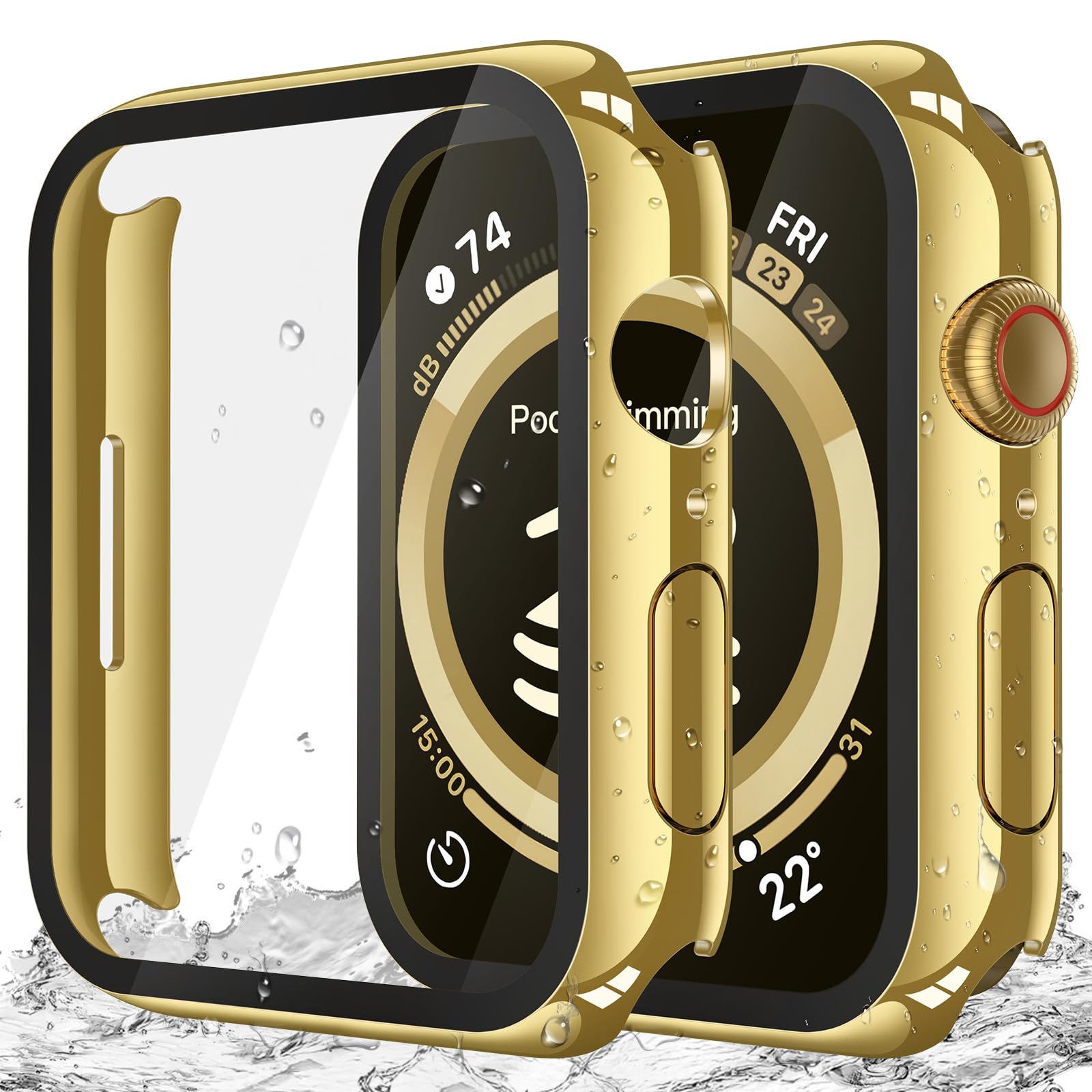 Misxi [2 Pack] Waterproof Hard Case with Tempered Glass Compatible with Apple Watch SE 3 (2025) SE 2 SE Series 6 Series 5 Series 4 40mm, PC Cover for iWatch Screen Protector, 1 Gold + 1 Transparent