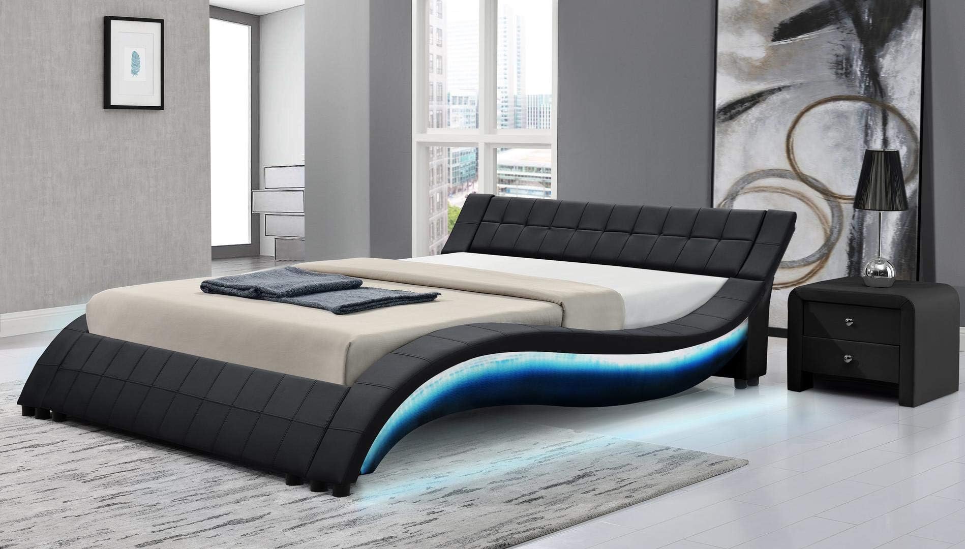 Aurora Collection Platform LED Bed with Accent Multi-Color LED Lights, Low Profile Wavy Design and Eco-Leather Upholstery (Queen, Black)