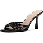 LOHEK Women's Kitten Heels Open Toe Mules Heels Slip On Lace Heeled Sandals Summer Dress Shoes for Party Wedding