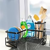 L-Shaped Kitchen Sink Caddy Organizer, Large Sponge Holder for Kitchen Sink, 90 Degree Corner Sink Storage Rack with Dish Brush &amp; Soap Holder for Countertop Kitchen Storage