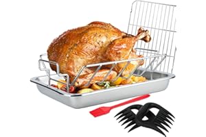 DALLDEN Roasting Pan with U & Flat Cooling Rack, 15.5 Inch Roaster Pan for Turkey Chicken, Stainless Steel Turkey Roasting Pan for Oven, 6 PCS Set with Meat Claws Brush, Dishwasher Safe