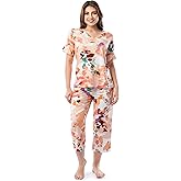 Fruit of the Loom womens 360 Stretch Ruffle Sleeve V-neck Tee and Capri Sleep Pajama Set