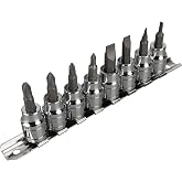 Performance Tool W38860 8-Piece 3/8 in. Drive Screwdriver Bit Socket Set | Automotive SAE slotted and Phillips S2 steel bits. Chrome vanadium sockets. Includes steel socket clip rail