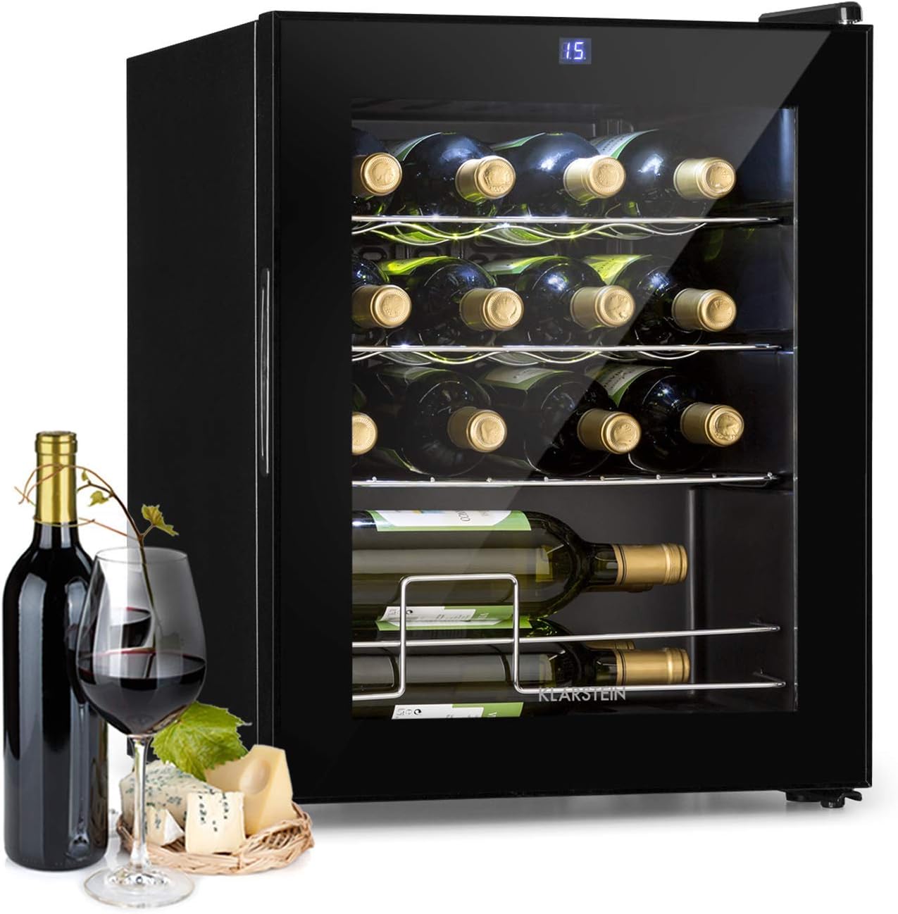 Klarstein Shiraz Slim Weinkühlschrank - Energieeffiezienzklasse A, 5-18 °C, 42 dB, Soft-Touch-Bedienfeld, LED-Beleuchtung, freistehend, 3 Regaleinschübe, 42 Liter, für 16 Flaschen Wein, schwarz