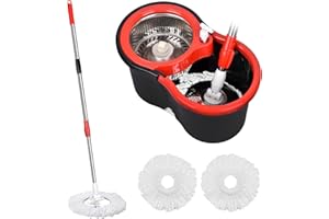PULNDA Spin Mop and Bucket, 360 Mop and Bucket with Wringer Set 3 Mop Heads, Stainless Steel Floor Spin Mop Bucket System for Floor Cleaning