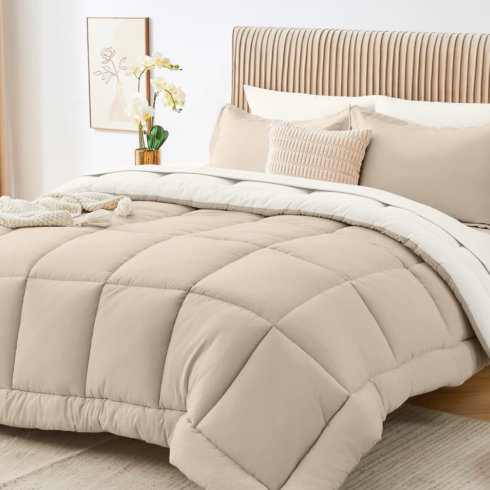 Sasttie Queen Comforter Set, 7 Pieces Reversible Bed in a Bag Queen, Complete Bedding Set Includes Comforter, Flat Sheet, Fitted Sheet, Pillowcases and Pillow Shams, Beige & Ivory Image