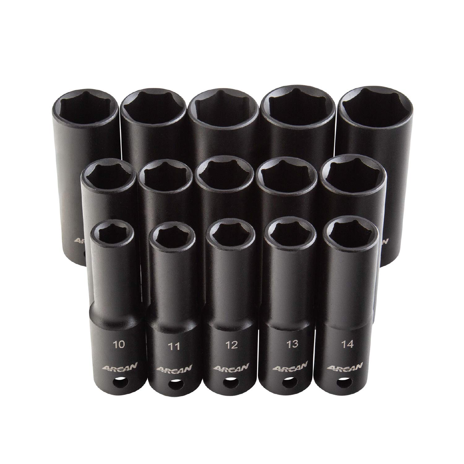 Arcan 1/2 Inch Drive Deep Impact Socket Set, Metric, 10mm - 24mm, Cr-V, 15-Piece (AS21215MD)