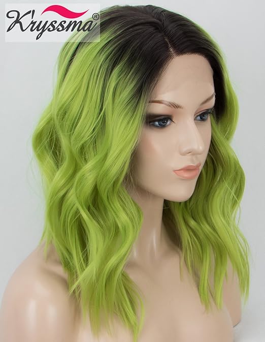 Kâryssma Ombre Green Lace Front Wigs Short Bob Synthetic Wigs with Dark Roots Wavy Lace Wig for Women