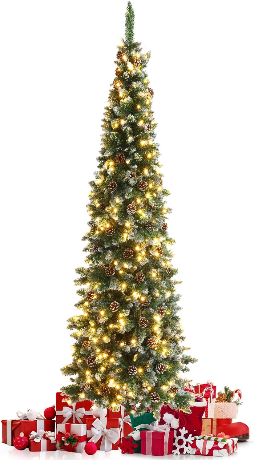 Trees - TOMSHOO 7.5 Ft Artificial Pencil Christmas Tree Pre-Lit Holiday Tree with Clear Lights Easy Storage Pinecones 955 PVC Flocked Frosted Tips 400 LED Warm White Lights Included Slim Style Trees (7.5FT)