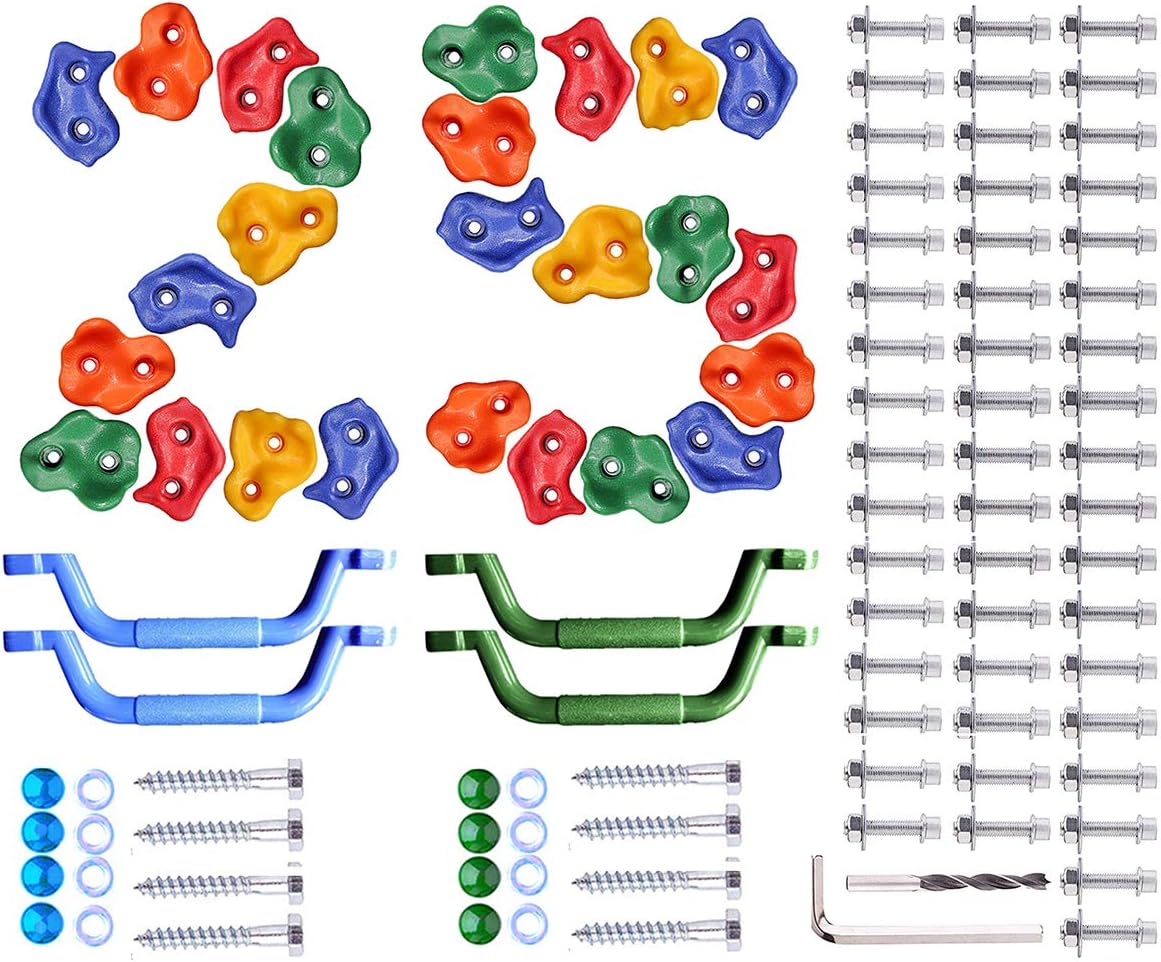 25 Pcs Colourful Pig Nose Shape Rock Climbing Holds with Blue & Green Auxiliary Handles, Indoor Outdoor Playground Wooden Play Set Build Exercise Toy Accessory - Mounting Hardware Kit Included: Sports & Outdoors
