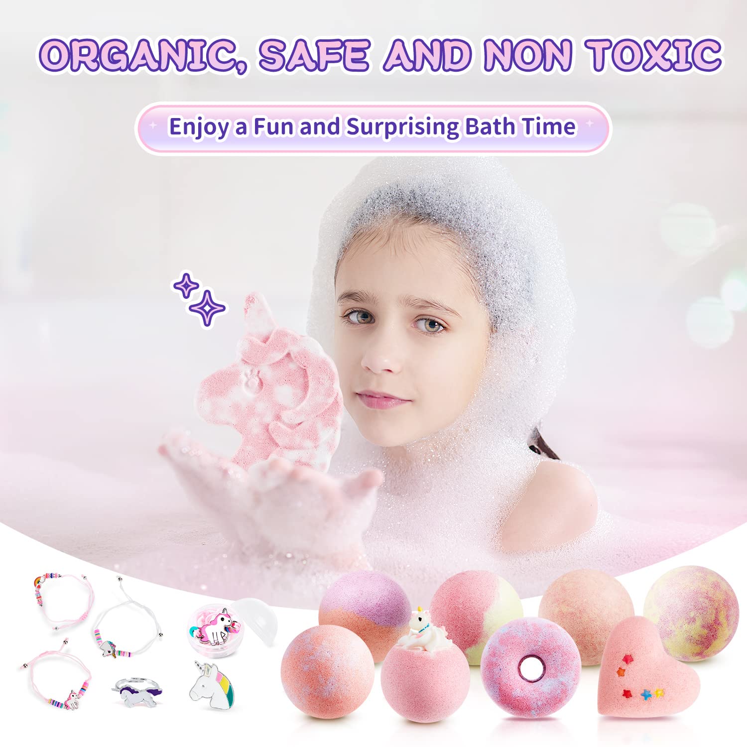 Kids Bath Bombs with Surprise Inside,9 Pack Unicorn Bath Bombs for Girls-5 with Surprise Toys,Including Jewelry Toys,Natural Organic Kids Bubble Bath with Fruity Scents,Relaxing Aromas,Birthday Gift