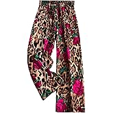GORGLITTER Women's Cheetah Floral Print Wide Leg Pants Elastic High Waist Flowy Trousers Pants