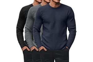 Ficerd 3 Pack Men's Waffle Long Sleeve Shirts, Crew Neck Thermal Underwear Tops Casual Pullover Sweaters Knit Undershirts
