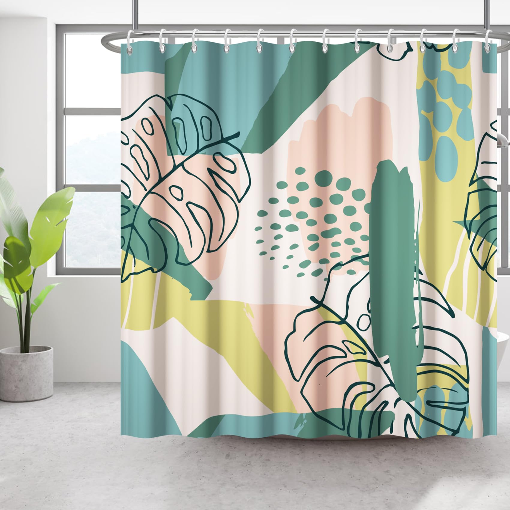 Bovlleetd 60x72inch Abstract Plant Bath Curtain Waterproof Boho Botanical Shower Curtain Watercolor Mid-Century Tropical Plant Shower Curtains Washable Bathtub Curtain — image 1