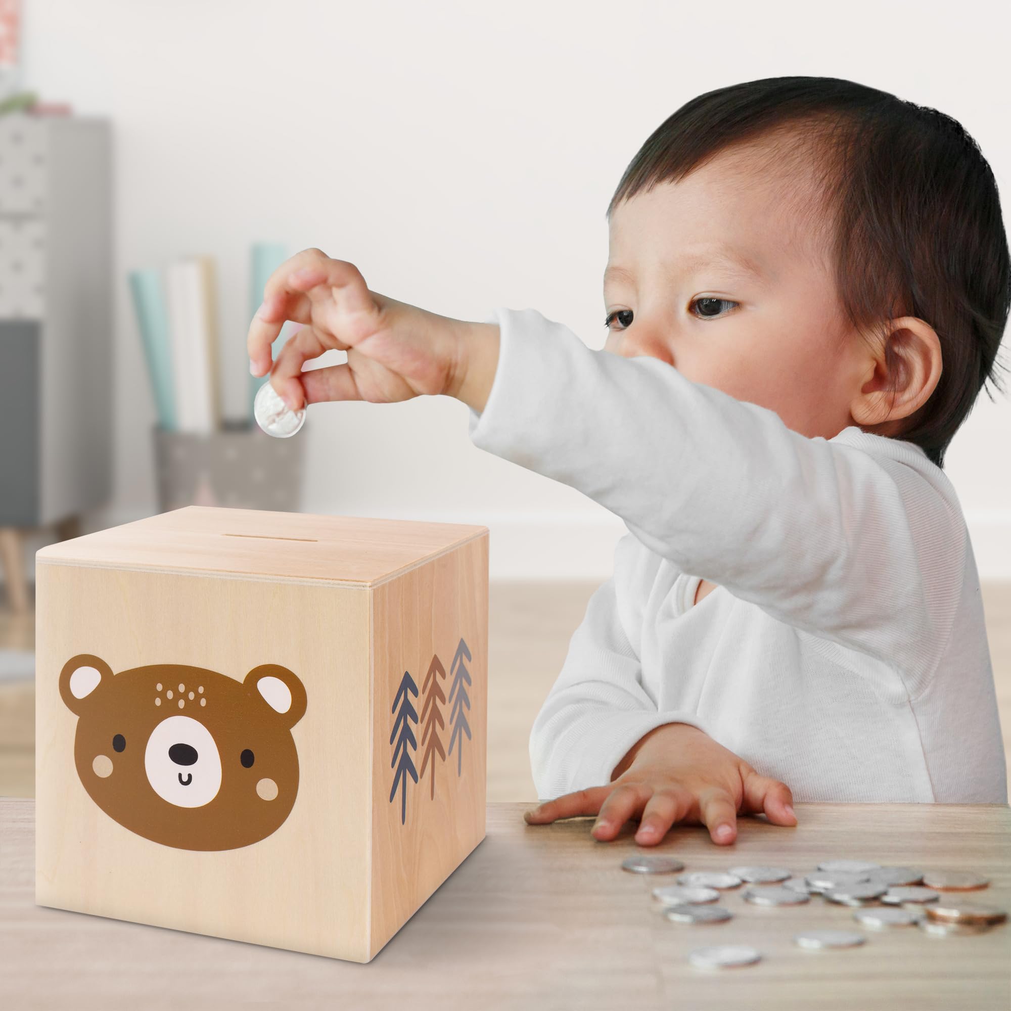 Wooden Piggy Bank for Kids - Beautifully Crafted Coin Bank Encourages to Start Saving Money Early - A Great Gift for Girls and Boys That Brightens Up Every Kids Bedroom