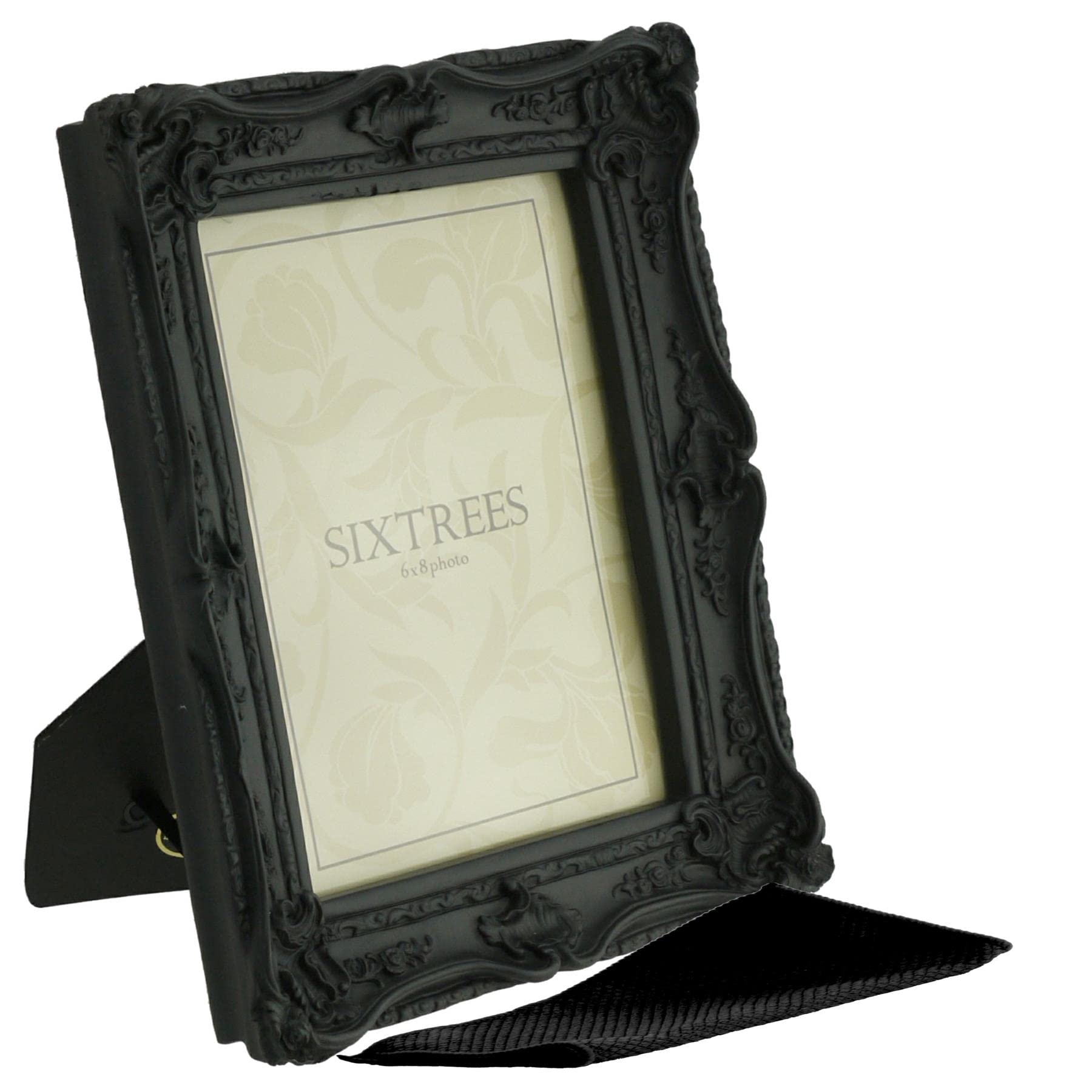 Sixtrees Chelsea 5-253-68 Ornate Vintage Swept Shabby Chic Black 8x6 inch Photo frame - with Microfibre glass cleaning cloth.
