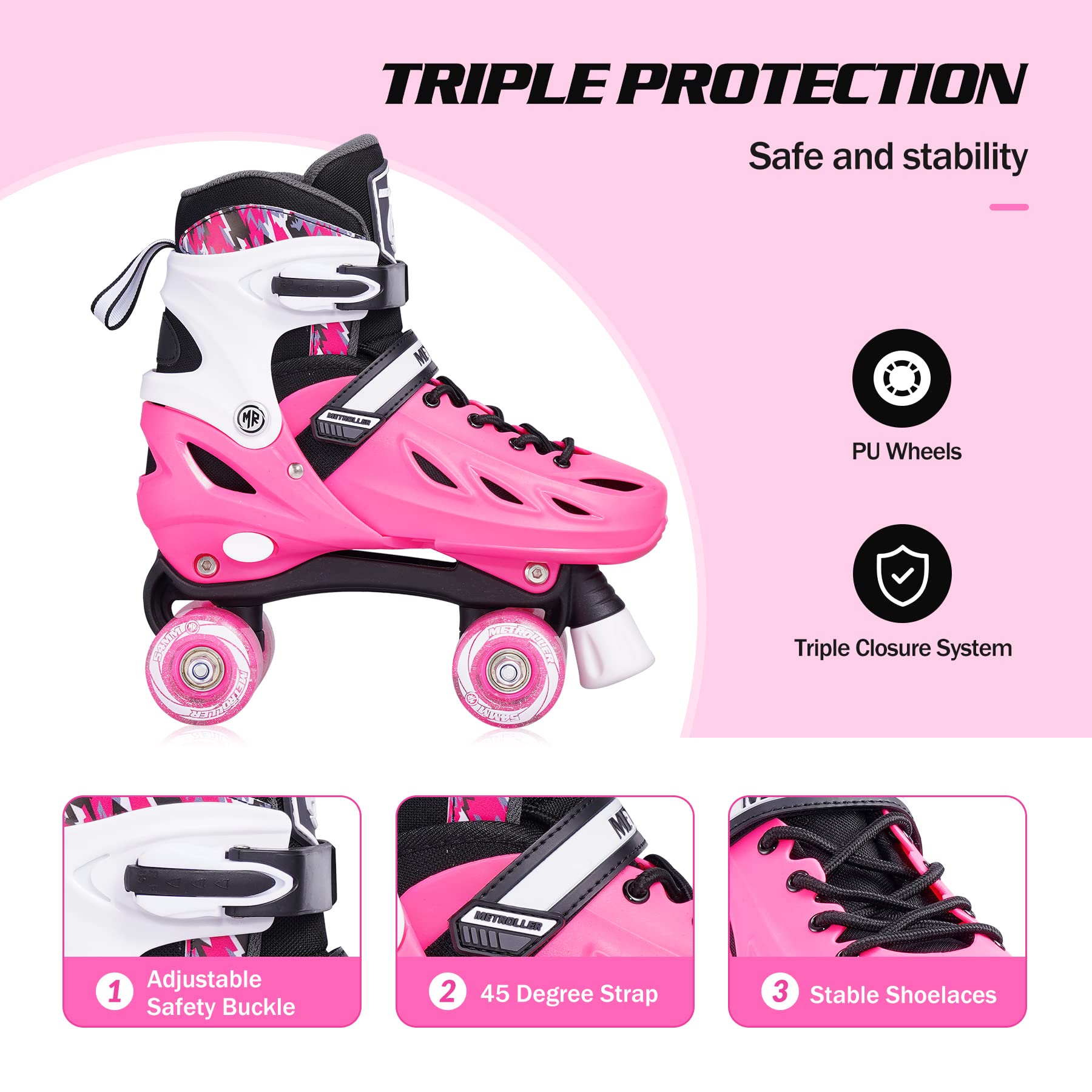 METROLLER Roller Skates for Girls Ages 5-8 8-12 and Boys Teens, Adjustable 4 Sizes for Kids Toddler Rollerskates with Light up Wheels, for Women