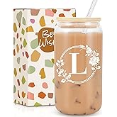 Frerdui Birthday Gifts for Women, Monogrammed Initial Glass Cup Personalized Gifts for Women, 16oz Glass Cups with Lids and Straws, Iced Coffee Cup, Beer Can Shaped - Gift for Christmas, Birthday, L