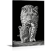 Leopard Decor Wall Art Black and White Leopard and Cub Picture Canvas Prints Jungle Animal Paintings Modern Artwork for Living Room Bedroom Wall Decor Framed - 12.00"x18.00"