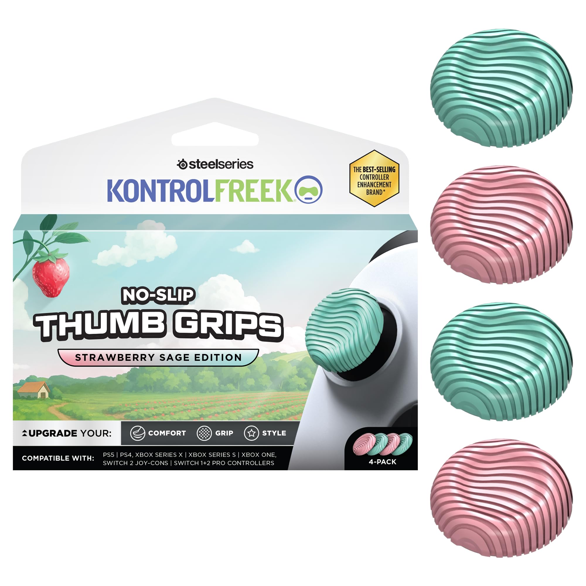 KontrolFreek No-Slip Thumb Grips – Strawberry Sage Edition for Nintendo Switch Pro, Switch 2 Joy-Con, PlayStation 4, PlayStation 5, Xbox One & Xbox Series X|S Controller | 4-Pack | Pink/Green