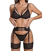 popiv Women's Sexy Lingerie Set with Garter Belt Matching Bra and Panty Lingeries Sets 4 Piece
