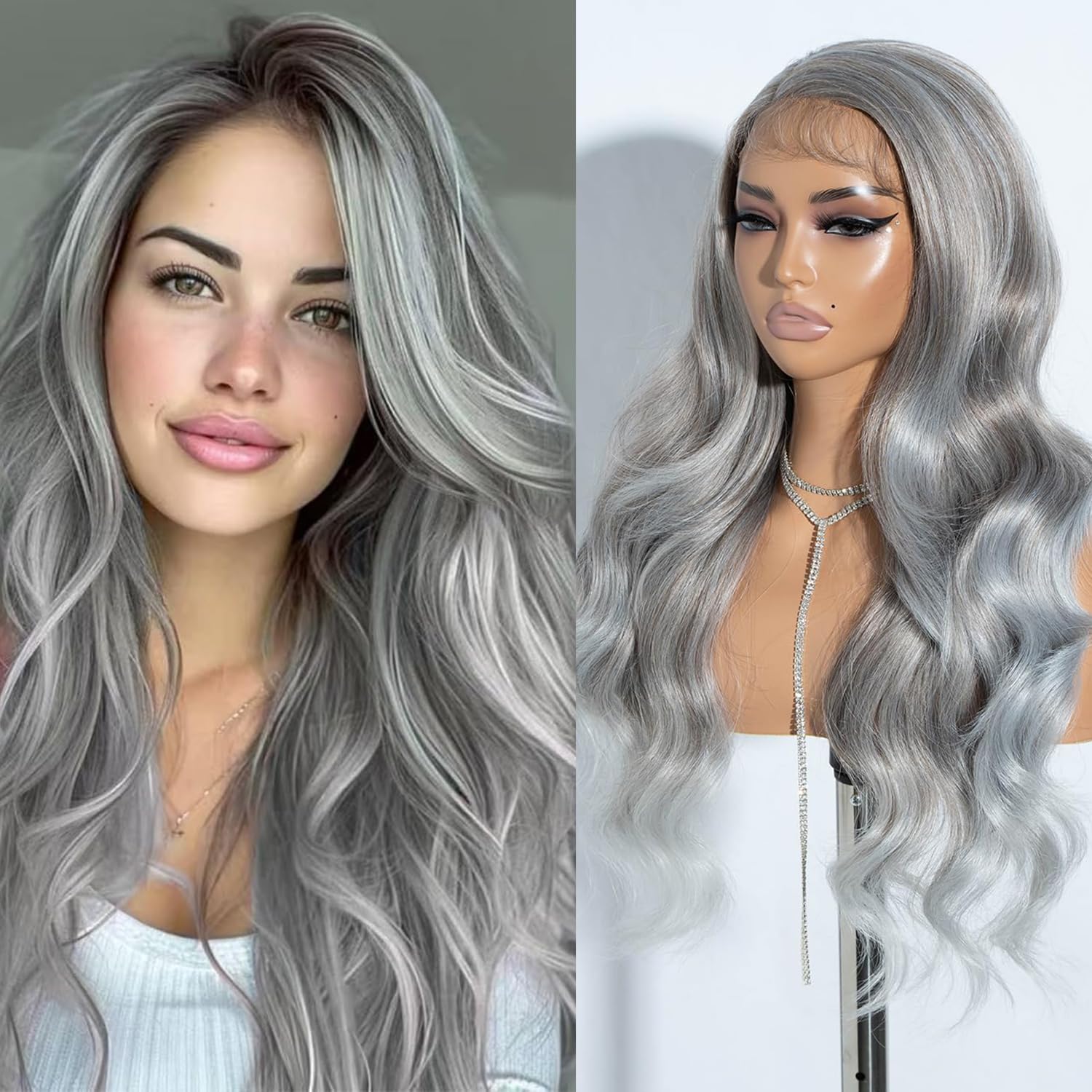 Joedir 13X4 Lace Front Wig Free Parting Lace Frontal Wigs With Baby Hair Pre Plucked Synthetic Wig Natural Looking Body Wave Wigs for Women 30 Inch Glueless Lace Front Wigs Grey
