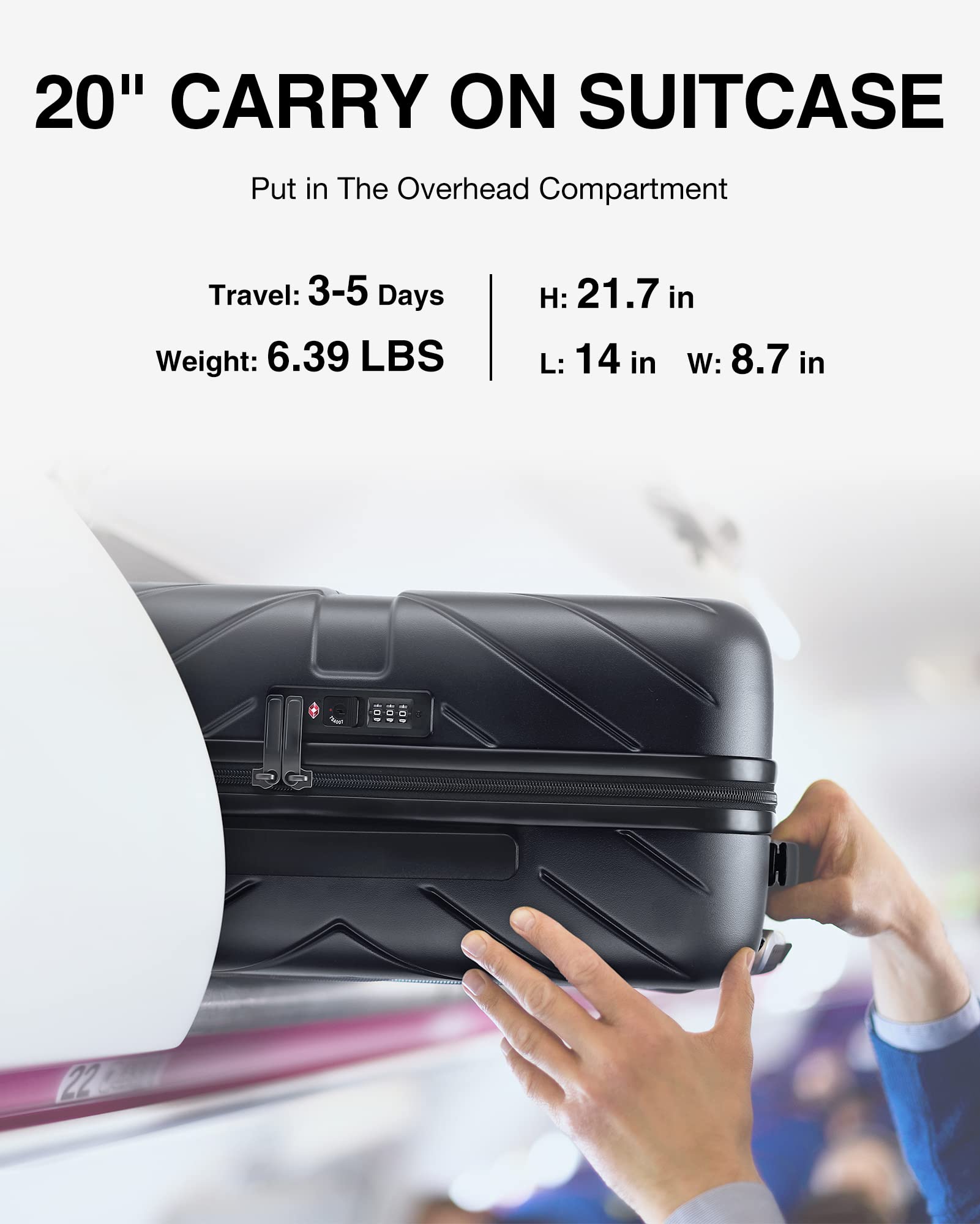 BAGSMART Carry On Luggage 22x14x9 Airline Approved With TSA Lock, 1OO% Polycarbonate Hardside Luggage with Spinner Wheels, Durable Hard Shell Carry On Suitcase 20 inch Black