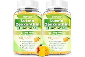 FLYROCER Sugar Free Lutein Gummies 25mg, Lutein and Zeaxanthin Supplements for Eye Health, 13-in-1 Eye Care Formula with Omega-3 Bilberry Saffron-Vision Health, Eye Strain, Dry Eyes, Vegan Mango Flavor 120 Ct