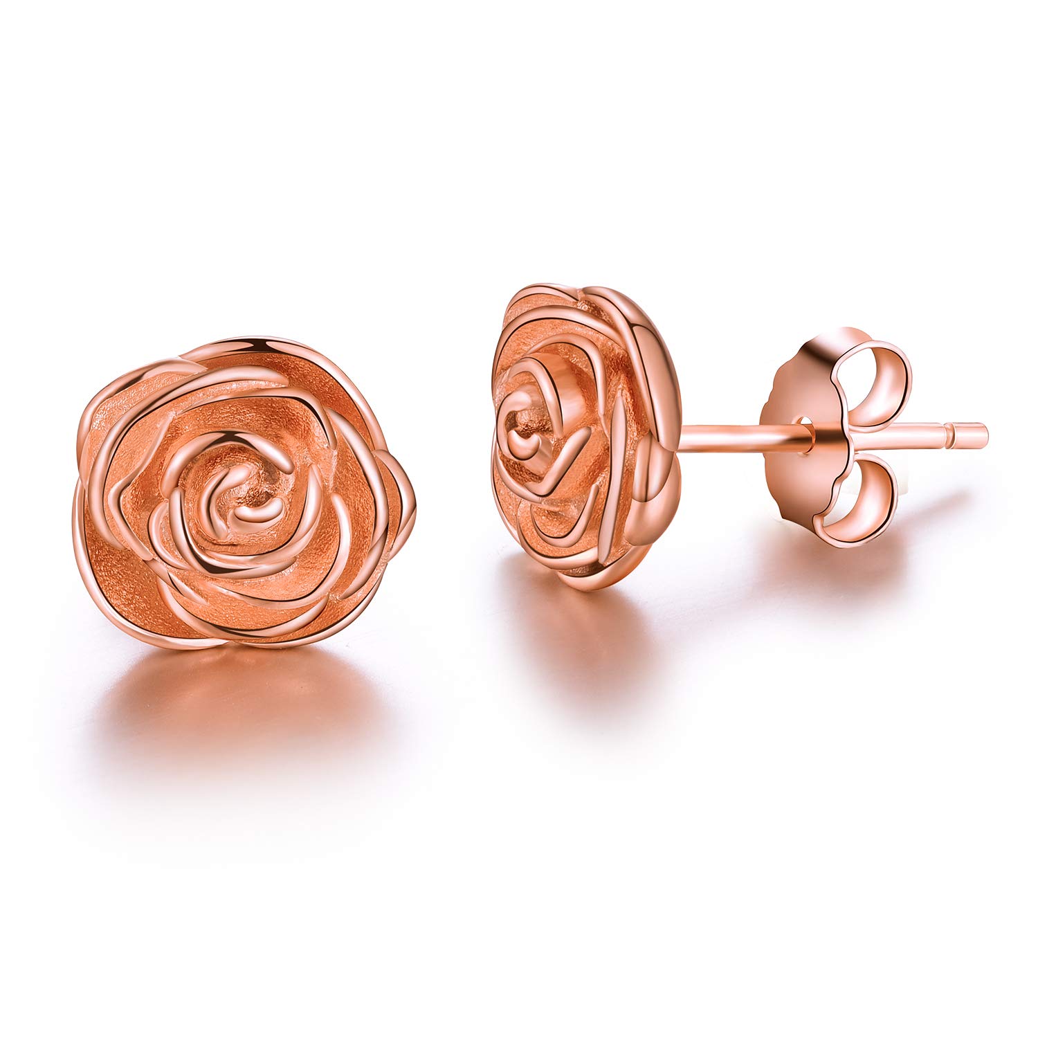 Esberry ✦Gifts for Christmas✦ 18K Gold Plating 925 Sterling Silver Rose Stud Earrings Hypoallergenic Flower Earrings Jewelry for Women and Girls (Rose Gold)