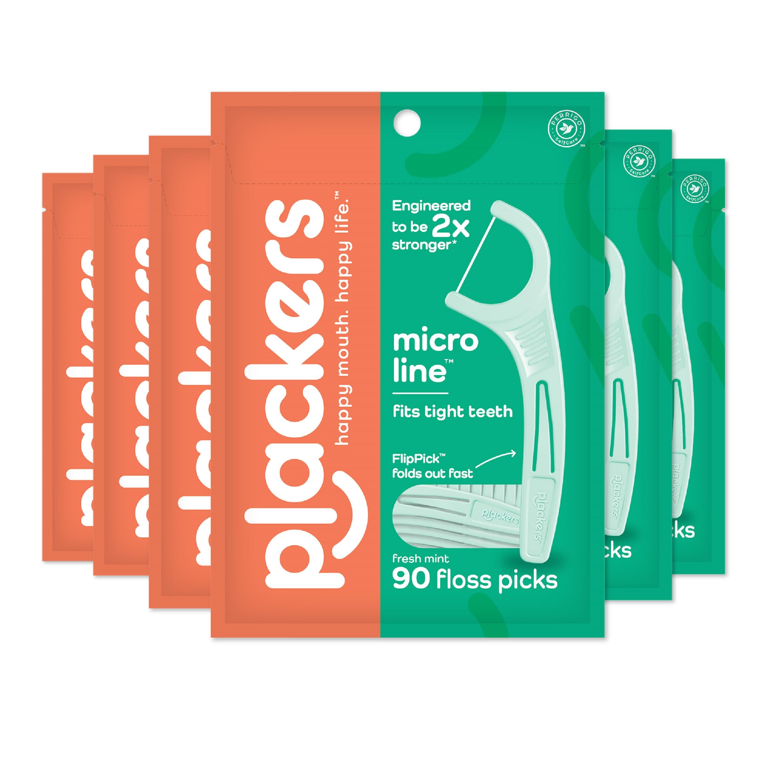 Plackers Micro Mint Dental Floss Picks, 90 Count, Pack of 6, Green