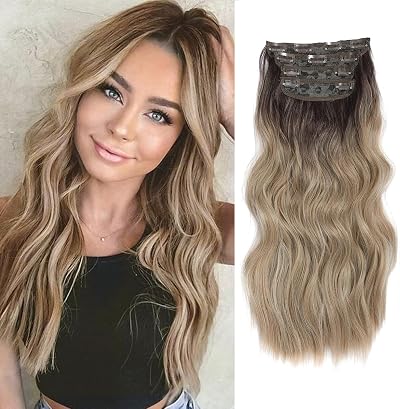 Fine Plus Hair Extensions Clip In 20 Inch Wavy Ombre Dirty Blonde with Dark Root