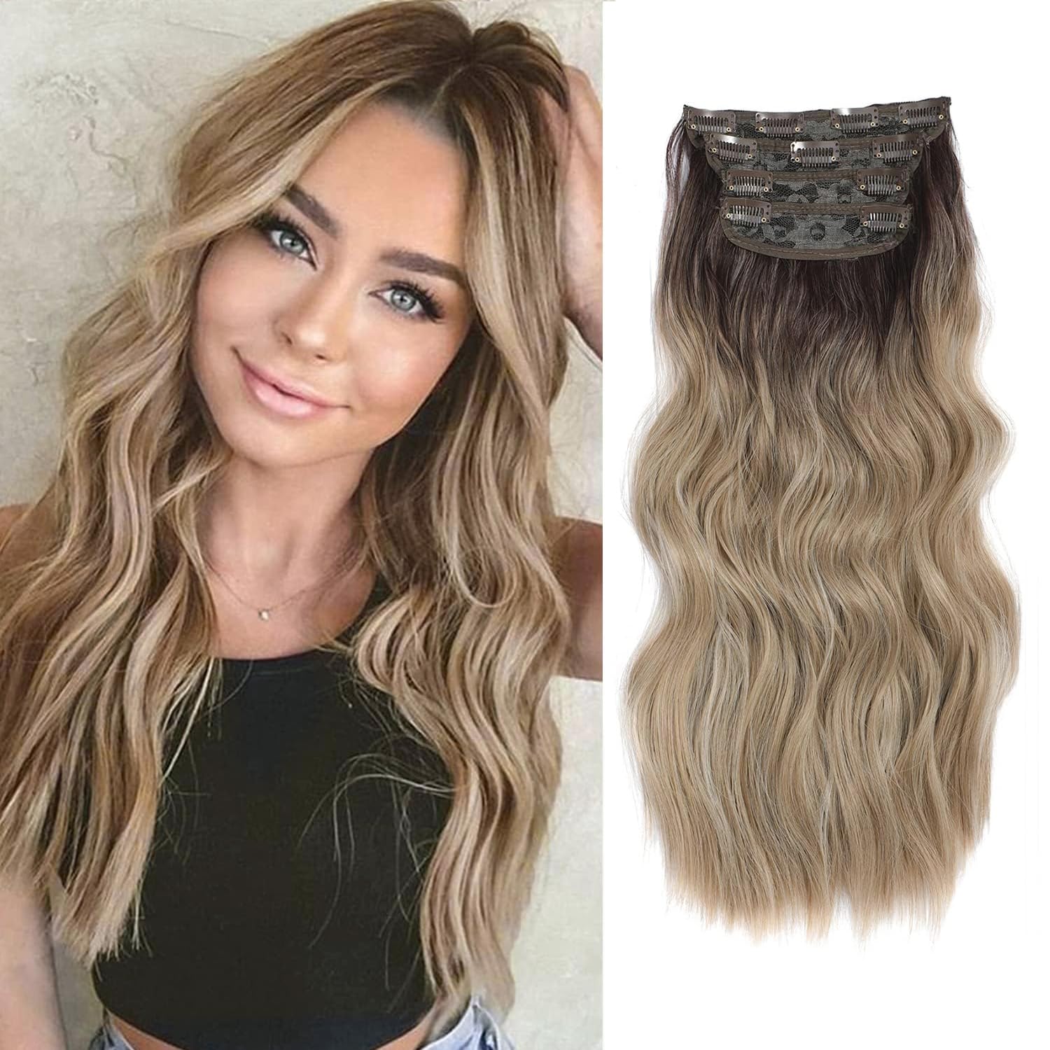 Hair Extensions Clip In 20Inch Long Wavy Hair Extensions 4Pcs Synthetic Full Head Seamless Weft for Natural Volume for Daily Use/Any Occasions Weft for Natural Volume Ombre Dirty Blonde with Dark Root — image 1