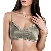 SilRiver Silk Deep V Lace Bralette for Women Lined Bra No Underwire - Comfortable Natural Feeling Underwear