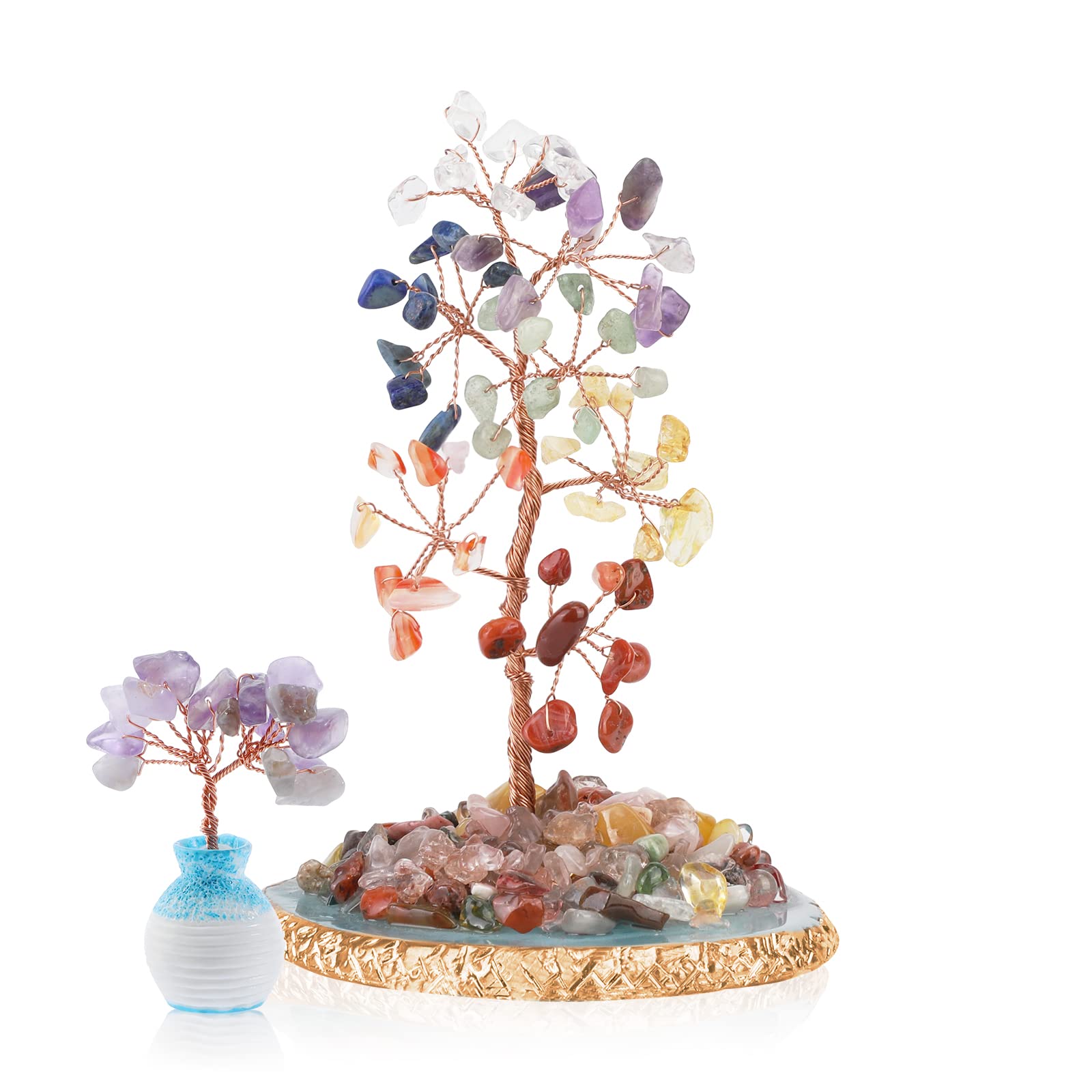 2PCS, Natural Crystal Tree with Widen Gems Agate Base, Healing Crystal Tumble Stone Tree of Life, 7 Chakra Gemstone Tree, Feng Shui Tree Crystal Home Office Decoration for Wealth Happiness Health