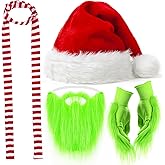 QLINLEAF 4PCS Christmas Green Monster Costume Set Red and white stripes Scarf and Green Gloves for Christmas Cosplay