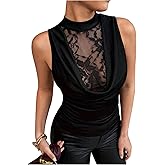 GORGLITTER Women's Lace Sleeveless Summer Tank Top Dressy Casual Draped Neck Cute Country Concert Y2K Going Out Tops
