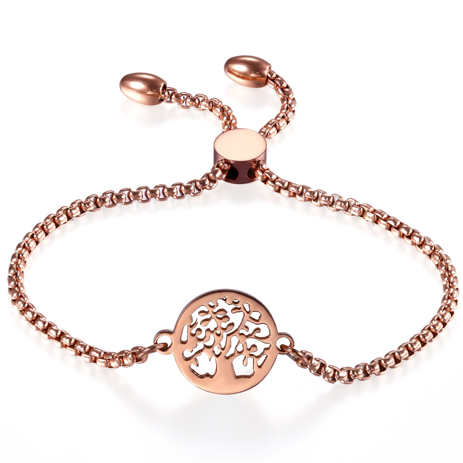 Cupimatch Women Adjustable Bracelet, Stainless Steel Charm Bracelet Link Chain 8.8" (rosegold, tree)