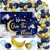 Fangleland Over The Moon Baby Shower Decorations, Navy Blue Gold We Are Over The Moon Backdrop Balloon Garland Arch Kit, Starry Night Galaxy Theme Gender Reveal 1st Birthday Party Supplies