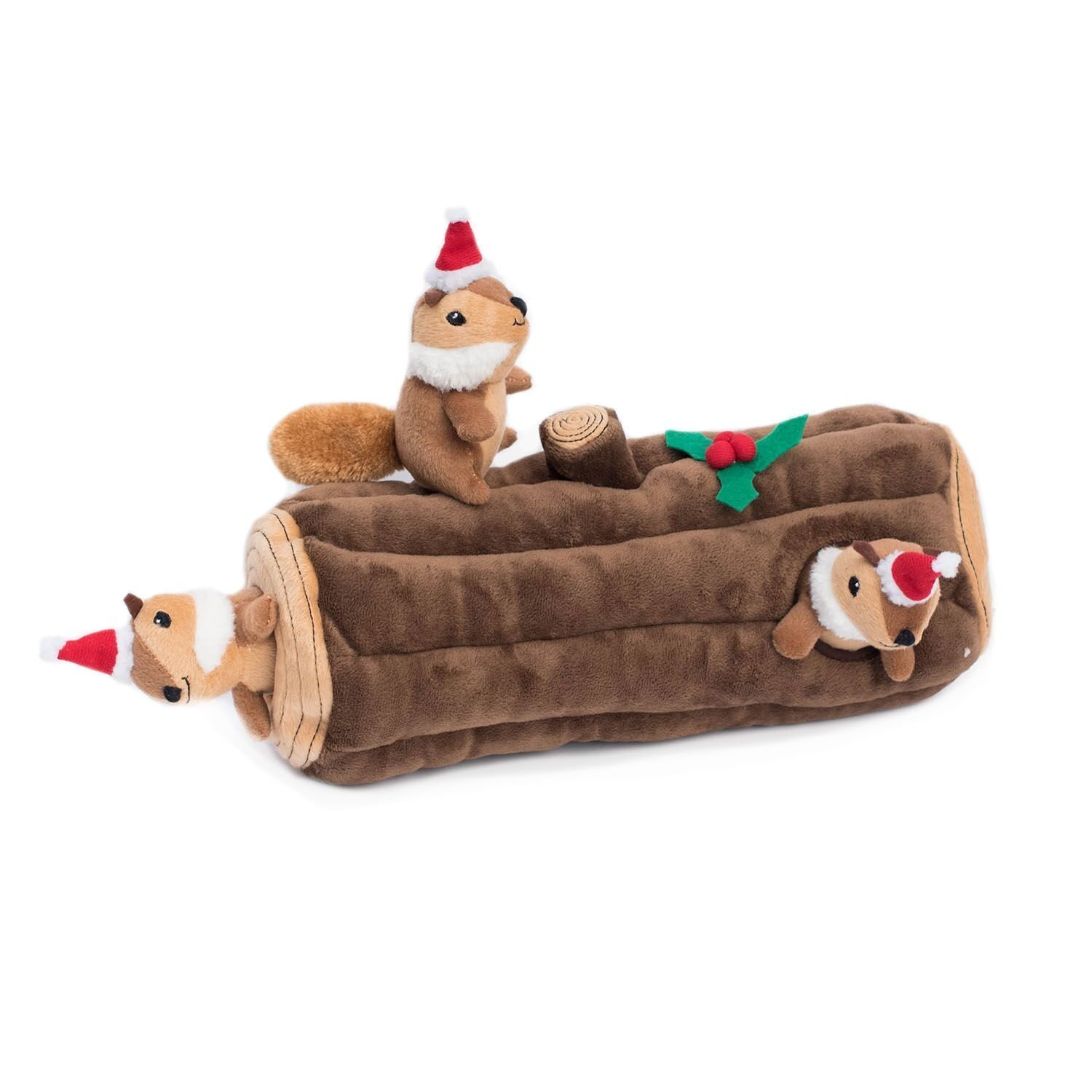 Zippy Paws ZP676 Holiday Zippy Burrow Yule Log Dog Toy – Interactive Plush Hide-and-Seek Game with Squeaky Toys – 300g
