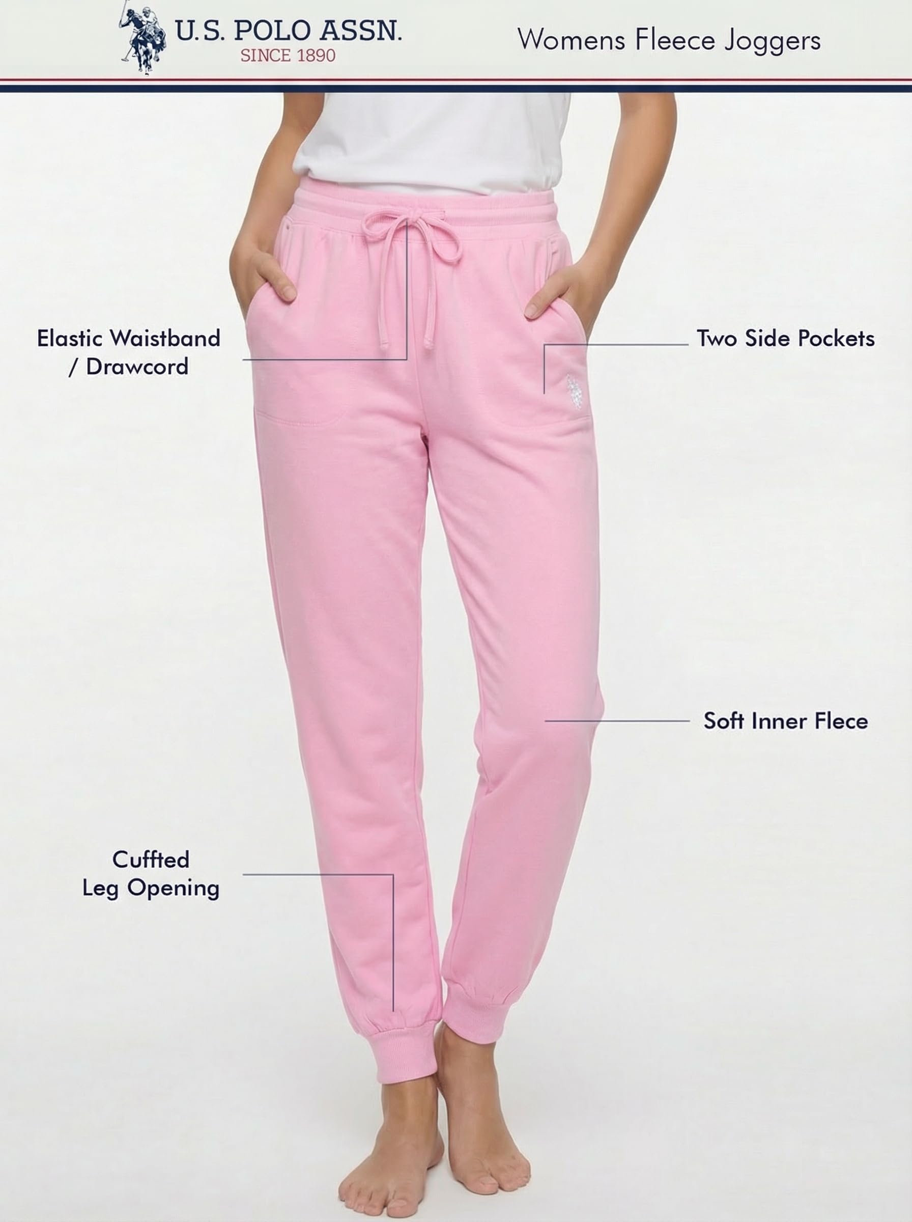 U.S. Polo Assn. Women's Jogger Sweatpants, Fleece-Backed, Pockets Valentines Gifts for Her (Rose Shadow Pink, Medium)