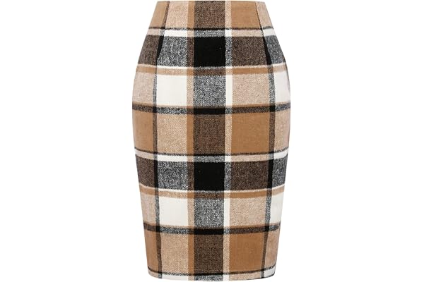 IDEALSANXUN Midi Plaid Skirts for Women 2023 Fall Winter Knee Length Pencil Wool Skirt with Slit